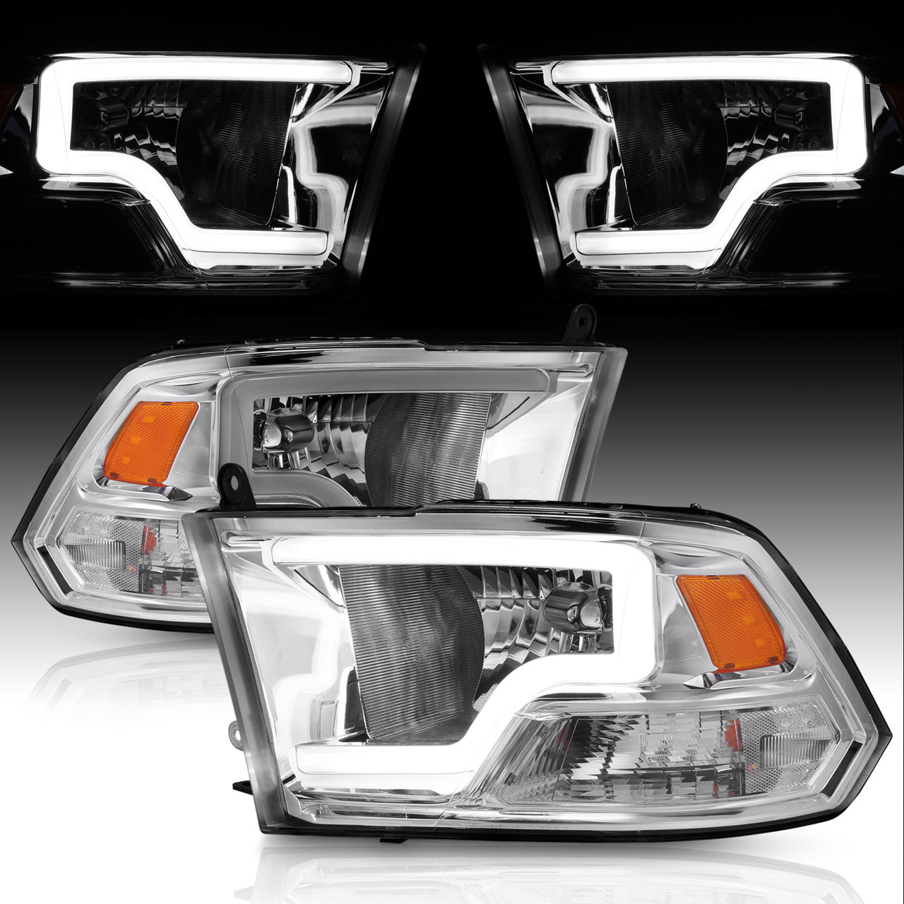 DODGE RAM 09-20 LIGHT BAR STYLE HEADLIGHTS CHROME HOUSING G2 AMBER (HALOGEN TYPE)