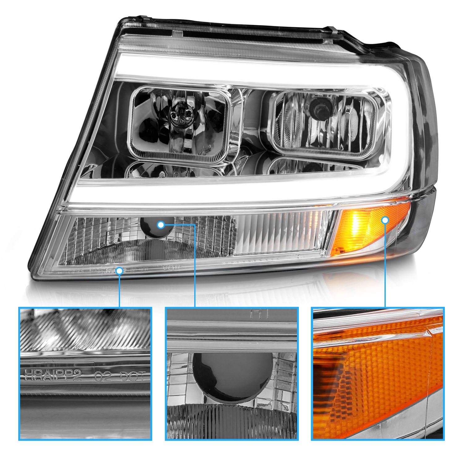 JEEP GRAND CHEROKEE 99-04 HEADLIGHTS CHROME AMBER (W/ C LIGHT BAR)
