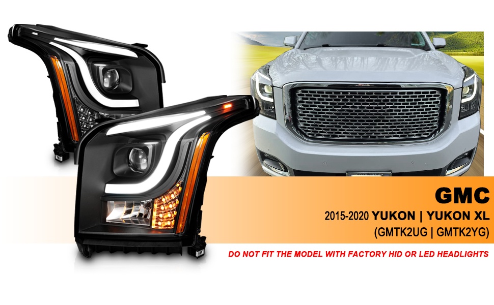 GMC YUKON/YUKON XL 15-19 PROJECTOR LIGHT BAR STYLE HEADLIGHTS BLACK CLEAR AMBER