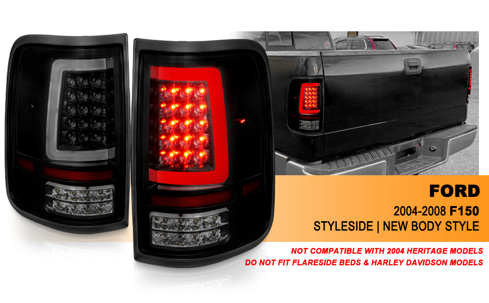 FORD F-150 04-08 LED TAIL LIGHTS BLACK HOUSING SMOKE LENS (W/ C LIGHT BAR)