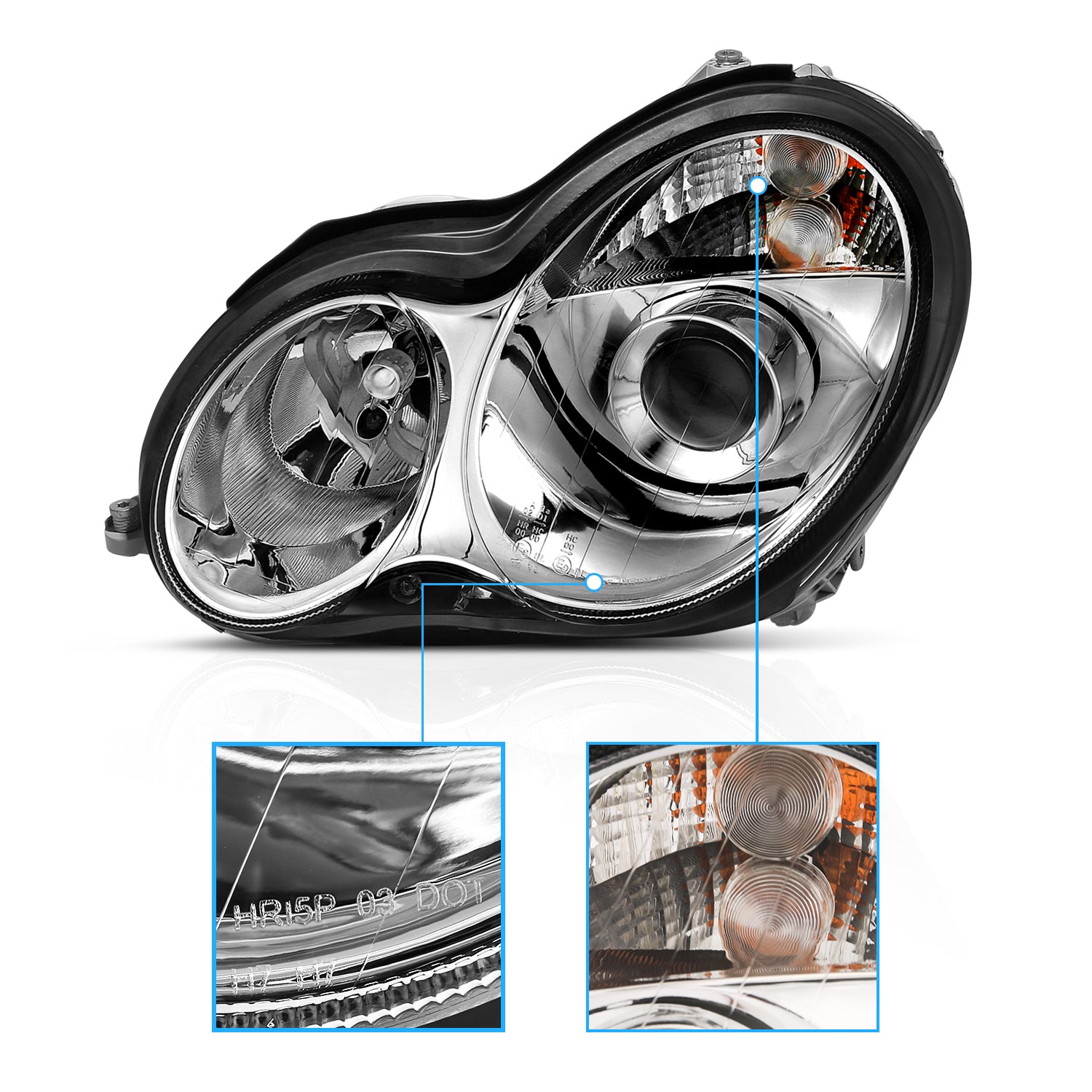 MBZ C CLASS W203 00-07 PROJECTOR HEADLIGHTS CHROME CLEAR