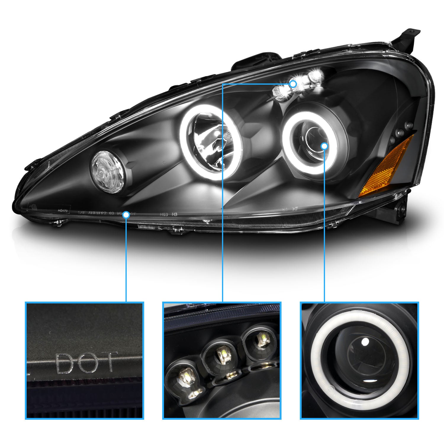 ACURA RSX 05-06 PROJECTOR HEADLIGHTS HALO BLACK CLEAR AMBER (RX HALO)