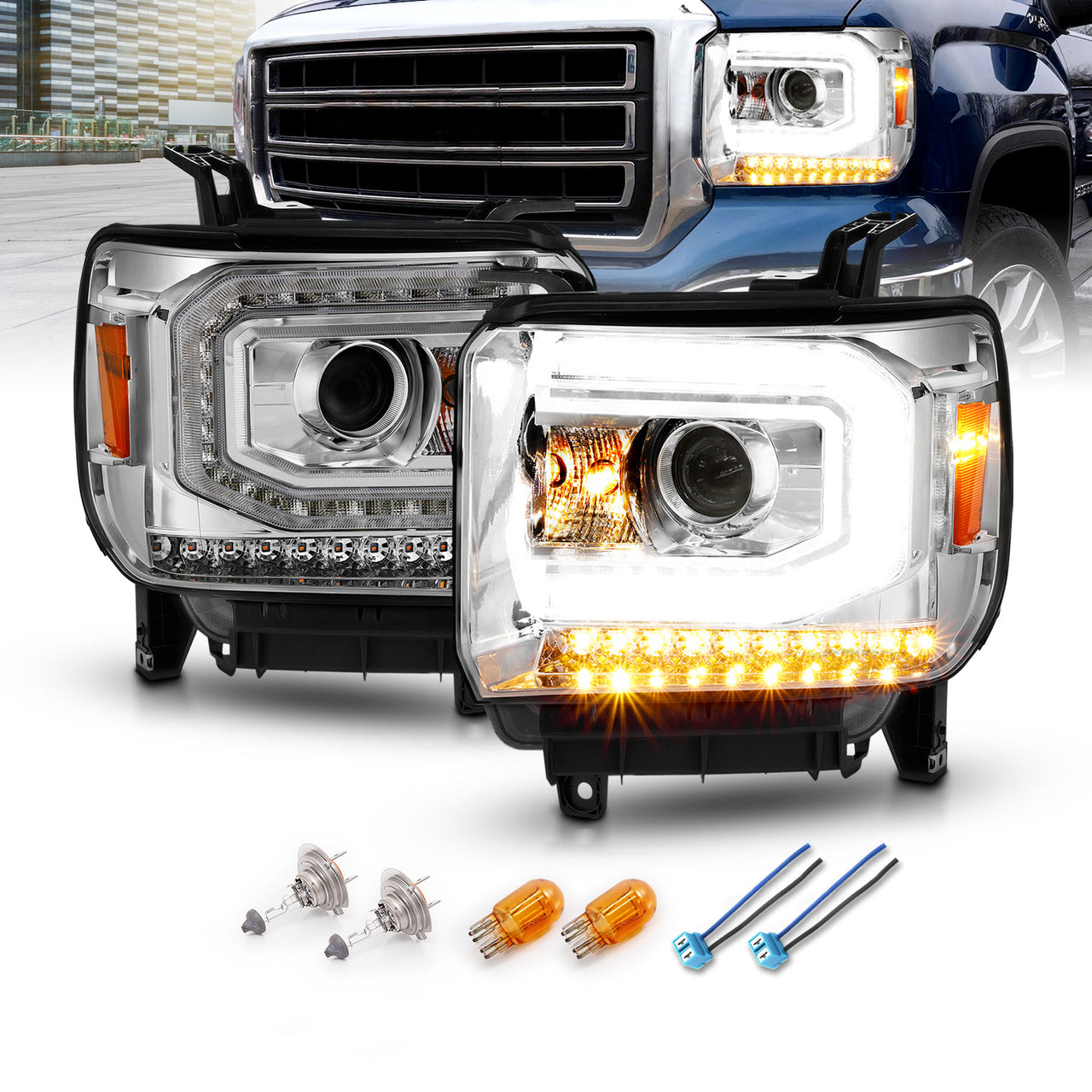 GMC SIERRA 1500 14-15/ 2500HD/3500HD 15-19 PROJECTOR嚙?HEADLIGHTS LIGHT BAR CHROME嚙?HALOGEN TYPE MODEL W/ FACTORY DRL)
