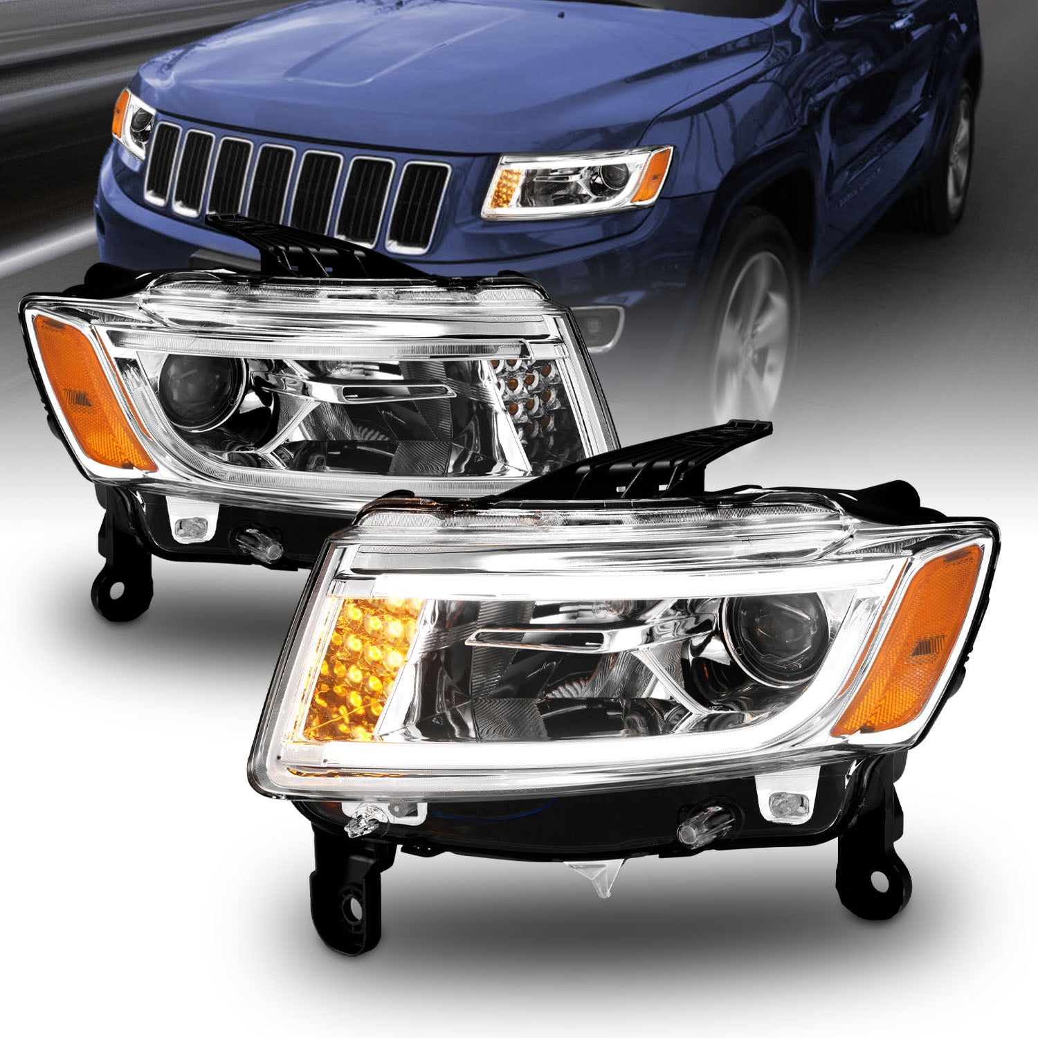 JEEP GRAND CHEROKEE 14 PROJECTOR LIGHT BAR STYLE HEADLIGHTS CHROME CLEAR