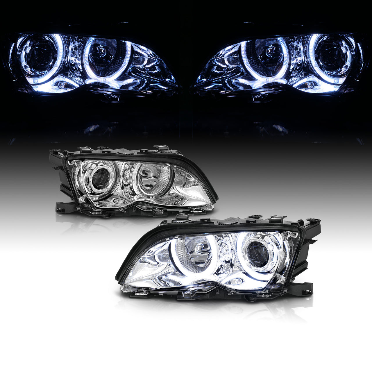 BMW 3 SERIES E46 02-05 4DR PROJECTOR HEADLIGHTS HALO CHROME CLEAR
