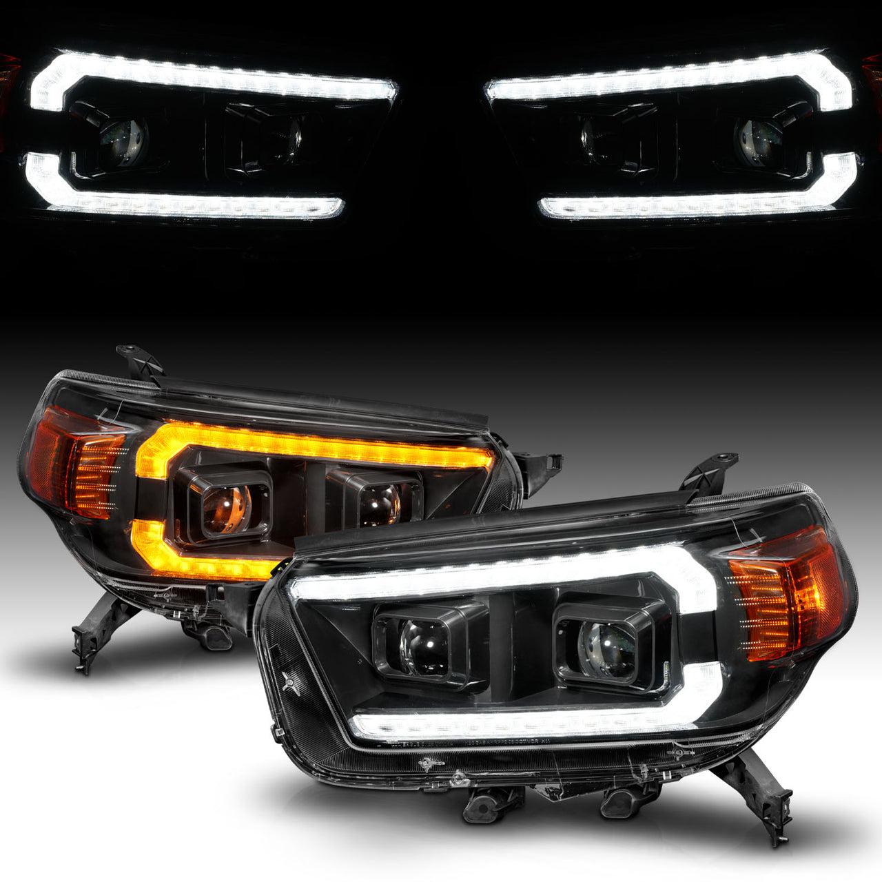 TOYOTA 4 RUNNER 10-13 HEAD LIGHTS BLACK HOUSING CLEAR LENS SEQUENTIAL LIGHT BAR W/DRL