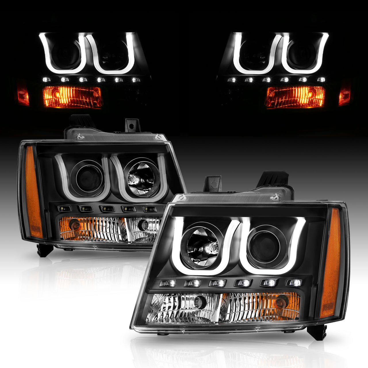 CHEVY TAHOE/SUBURBAN/AVALANCHE 07-13/TAHOE HYBRID 08-13 PROJECTOR U-BAR STYLE HEADLIGHTS BLACK  AMBER