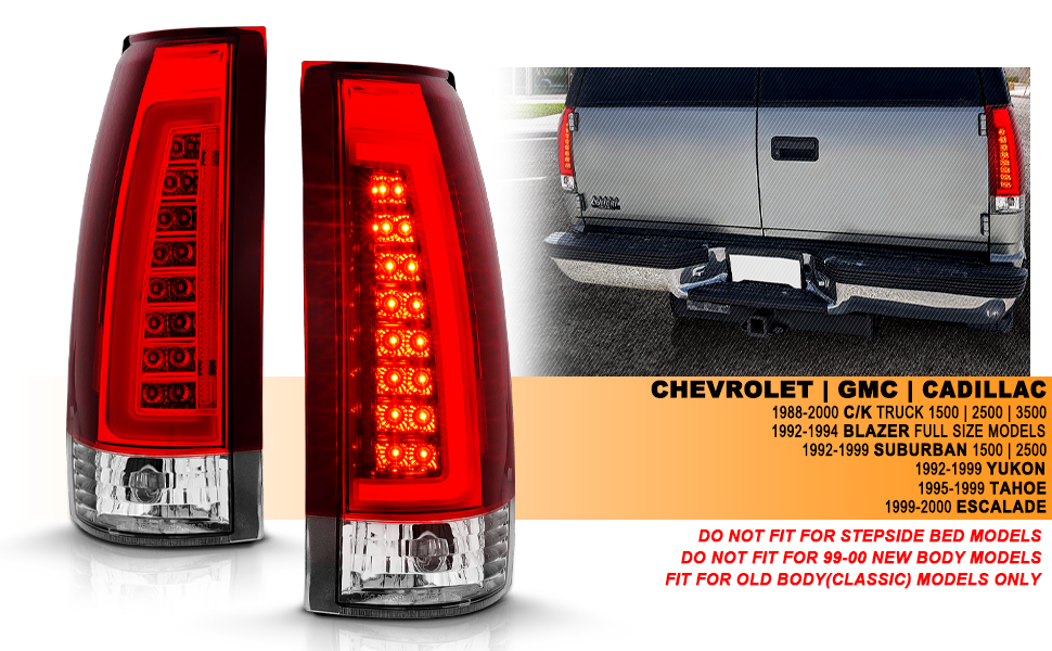 Chevy/GMC C/K 1500/2500/3500 88-99, SUBURBAN/YUKON 92-00, TAHOE 94-00, BLAZER 92-94, CADILLAC ESCALADE 99-00 LED C-BAR TAIL LIGHTS CHROME HOUSING RED/CLEAR LENS W/ C LIGHT BAR