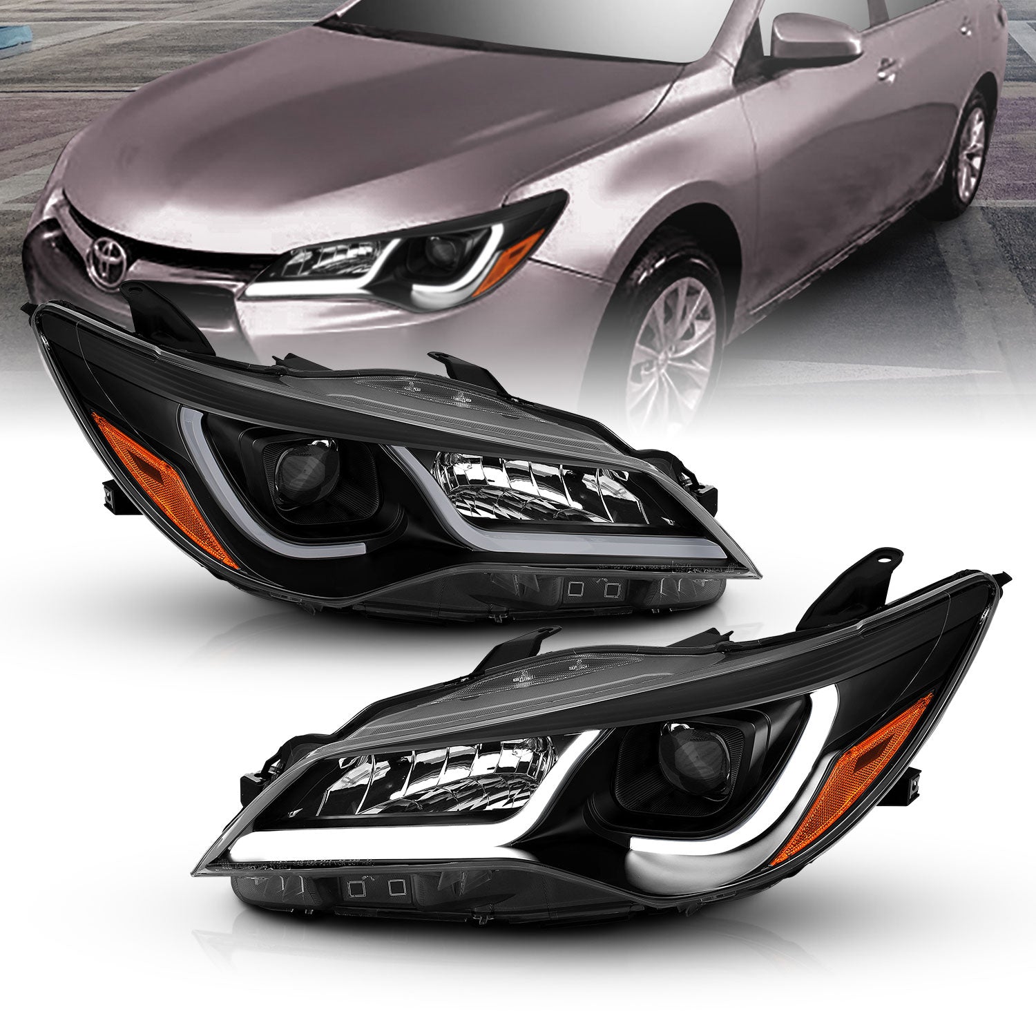 TOYOTA CAMRY 15-16 4DR PROJECTOR LIGHT BAR STYLE HEADLIGHTS BLACK AMBER