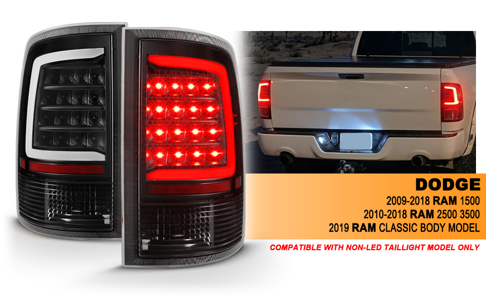 DODGE RAM 1500 09-18/ 2500 3500 10-18 LED TAIL LIGHTS BLACK HOUSING CLEAR LENS W/ C LIGHT BAR (NOT COMPATIBLE W/ ORIGINAL LED VERSION)