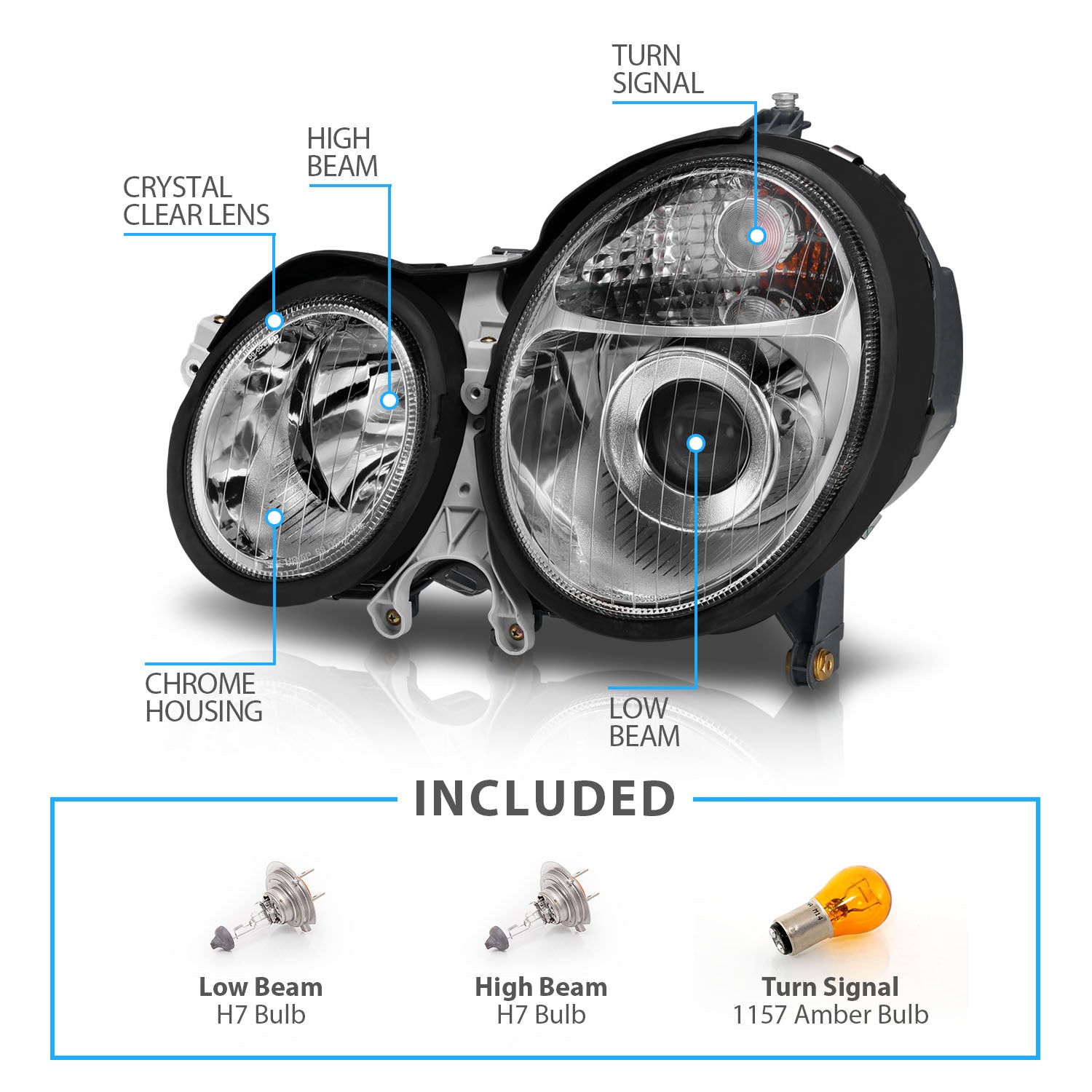 MBZ E CLASS W210 00-02 PROJECTOR HEADLIGHTS CHROME CLEAR