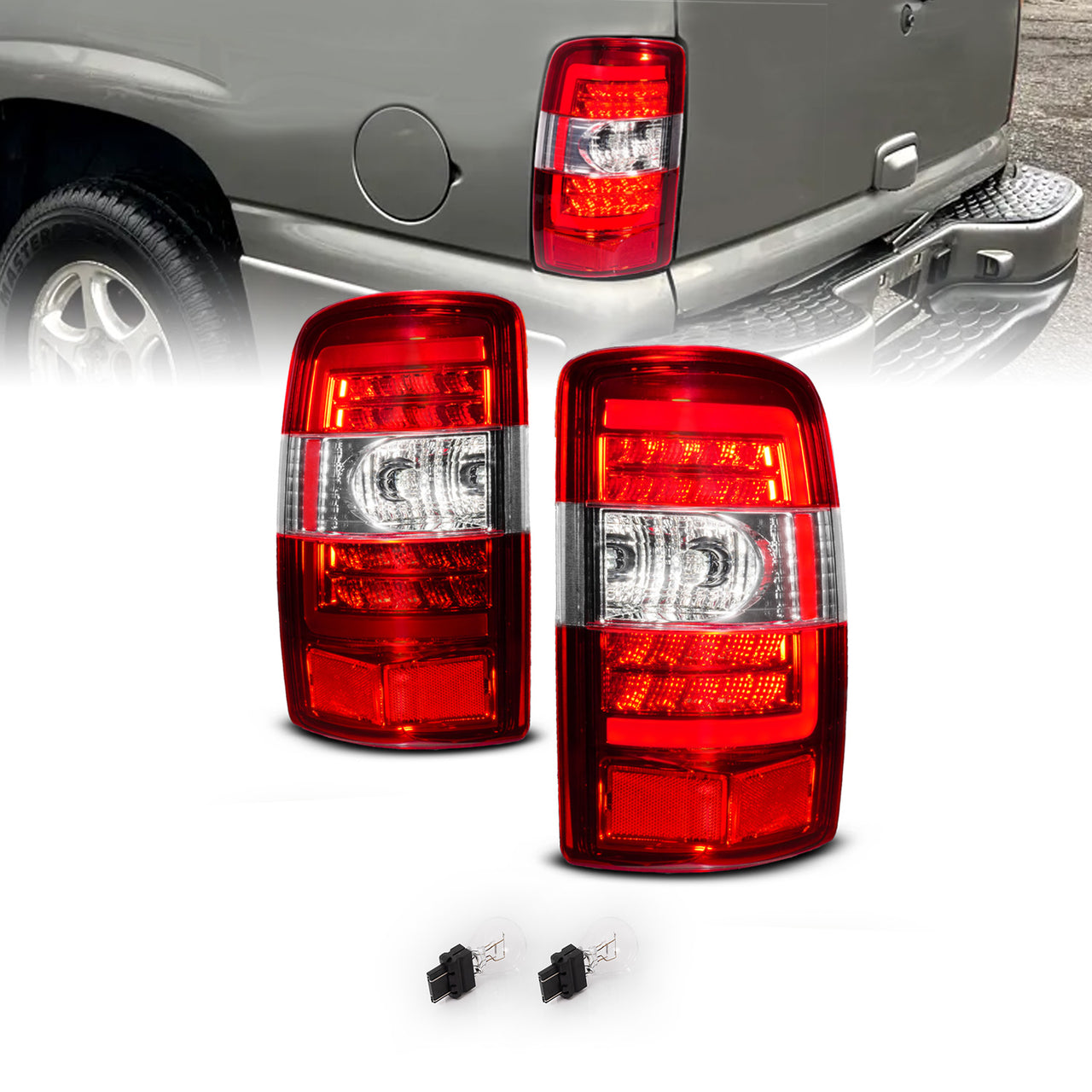 CHEVY TAHOE/SUBURBAN/GMC DENALI 00-06 LED TAIL LIGHTS RED/CLEAR LENS CHROME HOUSING