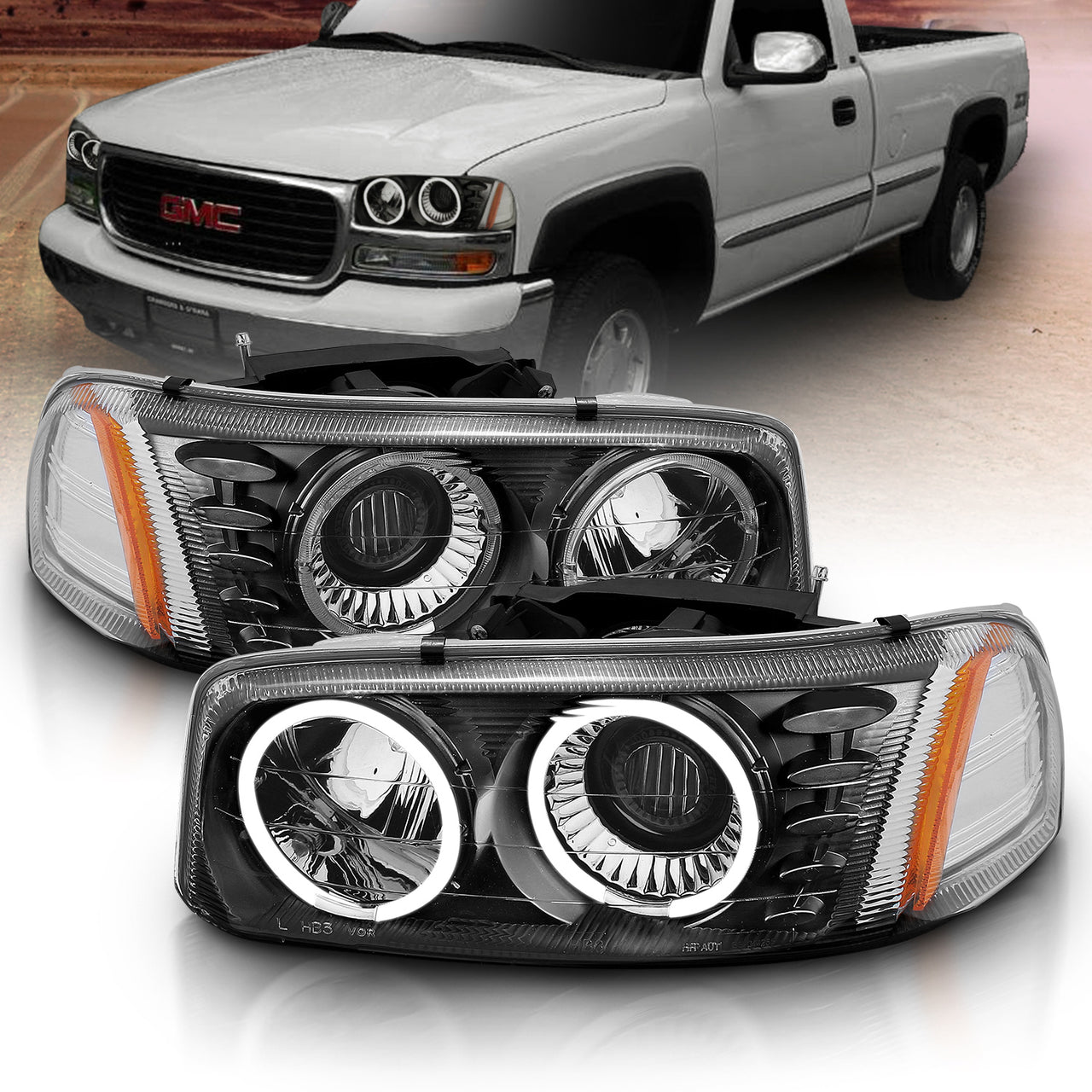 GMC SIERRA/SIERRA DENALI 99-07/SIERRA CLASSIC 2007/ YUKON/YUKON XL/YUKON DENALI 00-06 PROJECTOR HEADLIGHTS HALO BLACK CLEAR AMBER