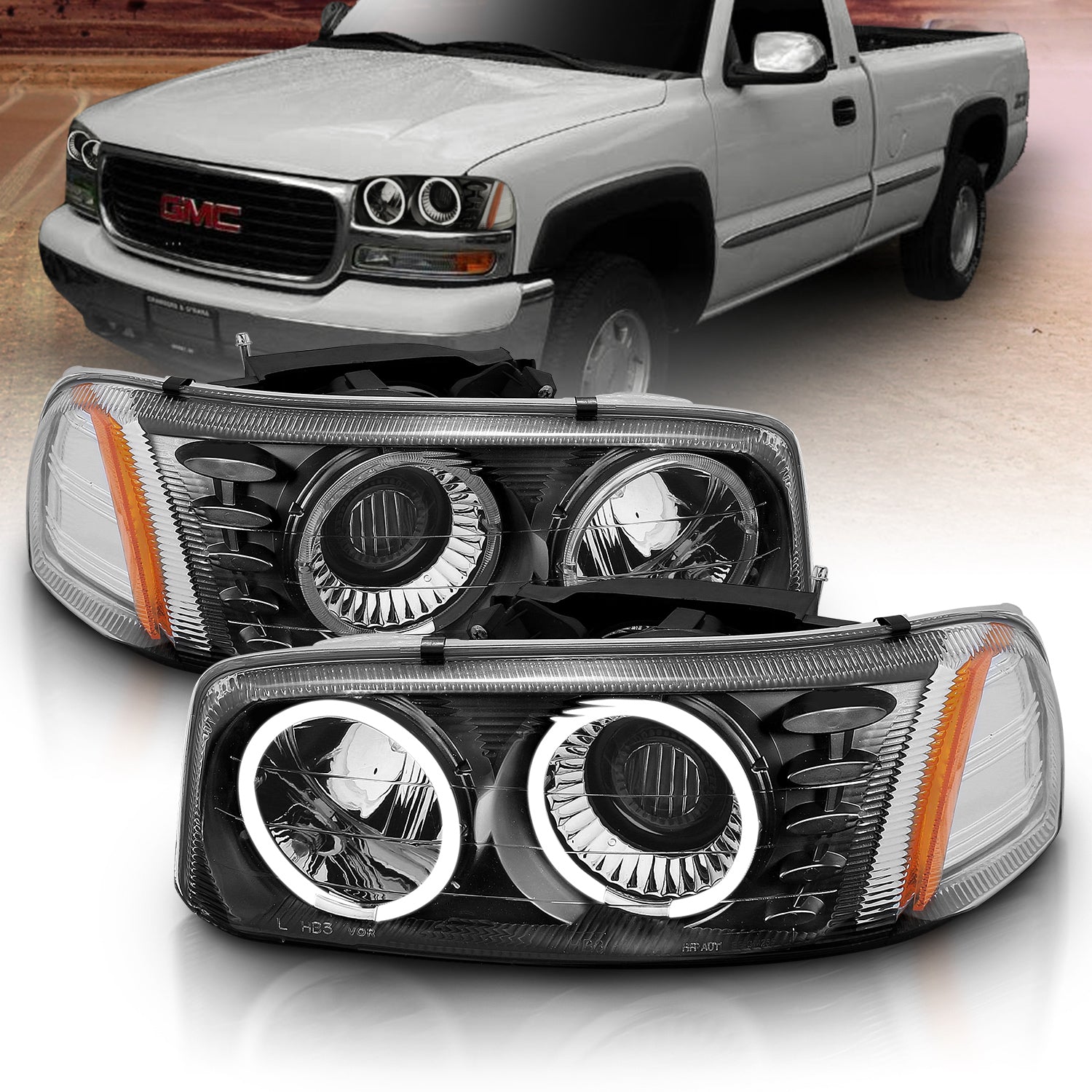 GMC SIERRA/SIERRA DENALI 99-07/SIERRA CLASSIC 2007/ YUKON/YUKON XL/YUKON DENALI 00-06 PROJECTOR HEADLIGHTS HALO BLACK CLEAR AMBER