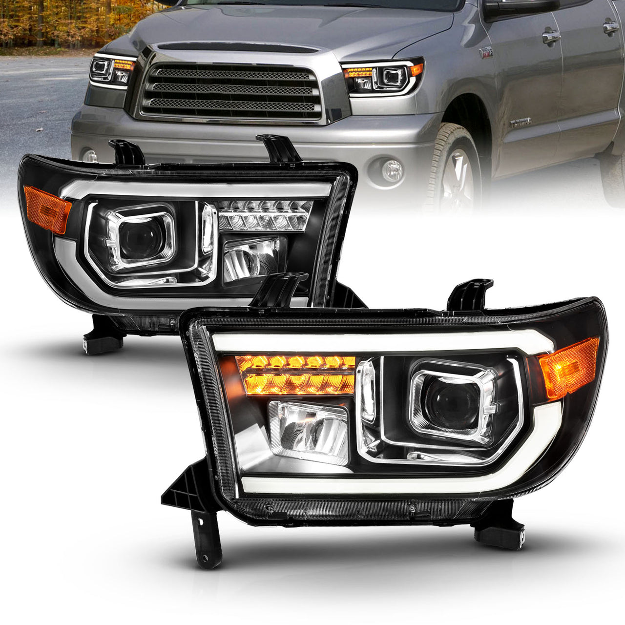 TOYOTA TUNDRA 07-13/SEQUOIA 08-17 FULL LED PROJECTOR HEADLIGHTS BLACK AMBER (W/ DRL LIGHT BAR)