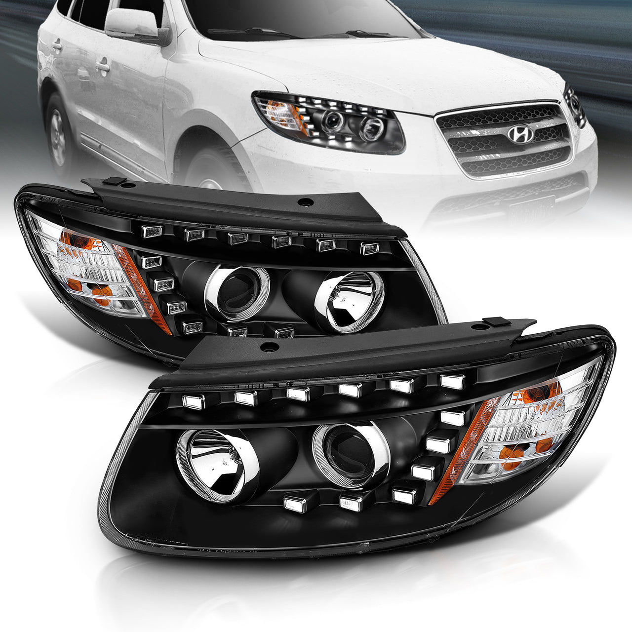 HYUNDAI SANTA FE PROJECTOR HEADLIGHTS BLACK AMBER (ONLY FITS MODELS BEFORE 7/11/2007)