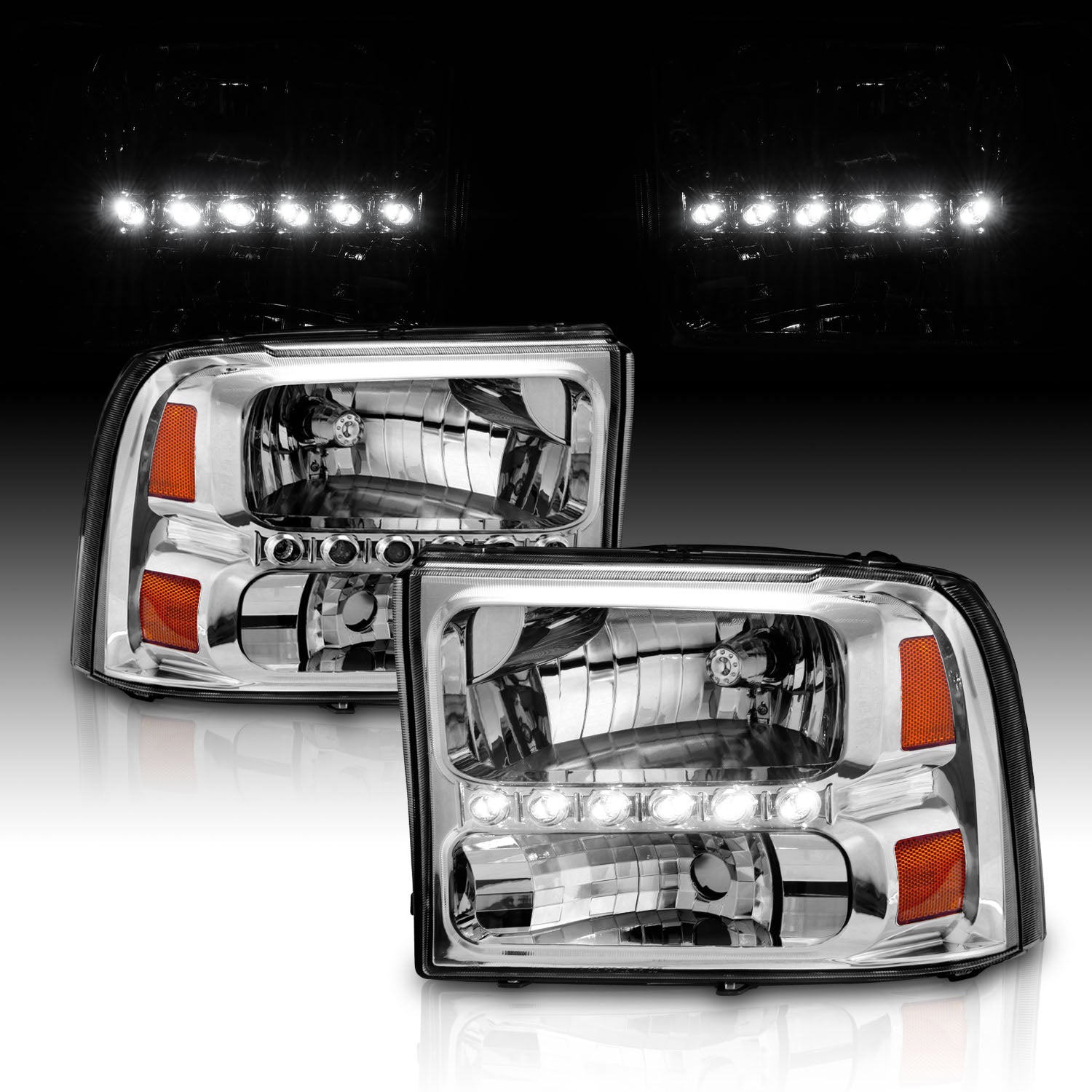 FORD EXCURSION 00-04/SUPER DUTY 99-04 HEADLIGHTS CHROME 1PC AMBER (W/ LED)