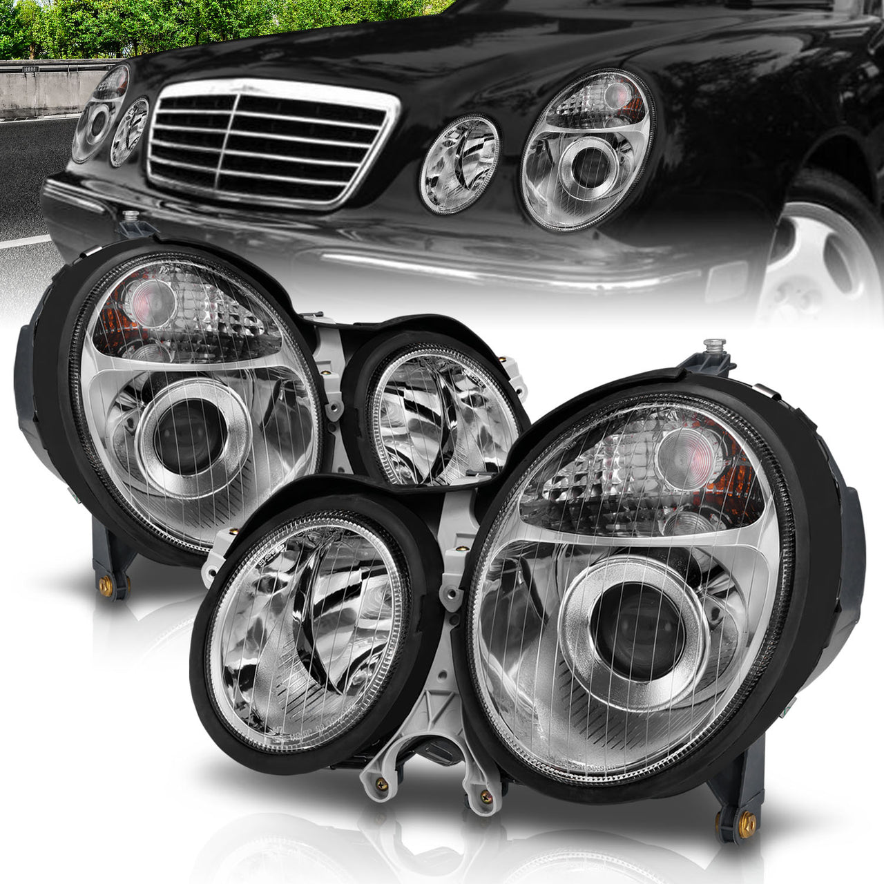 MBZ E CLASS W210 00-02 PROJECTOR HEADLIGHTS CHROME CLEAR