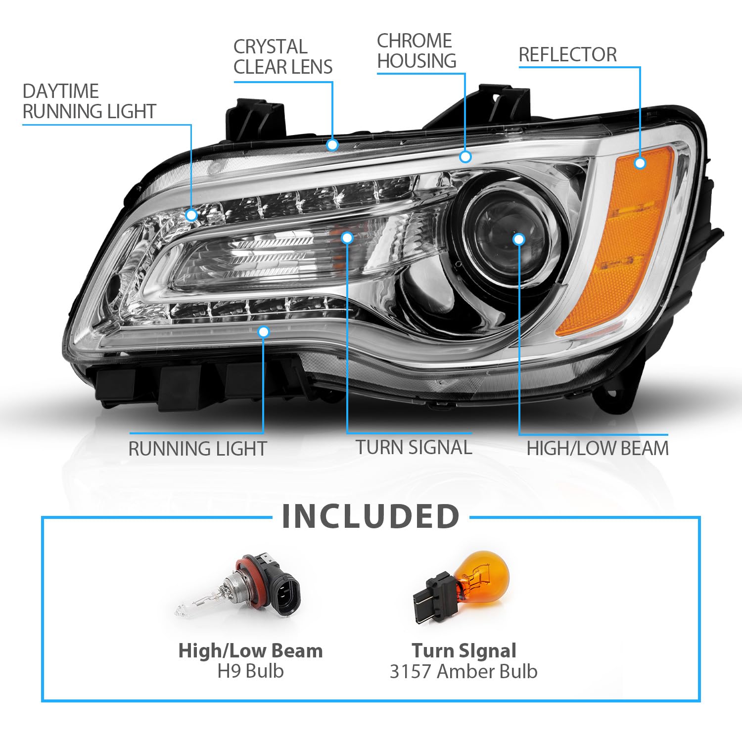 CHRYSLER 300 11-UP PROJECTOR LIGHT BAR STYLE HEADLIGHTS CHROME CLEAR AMBER