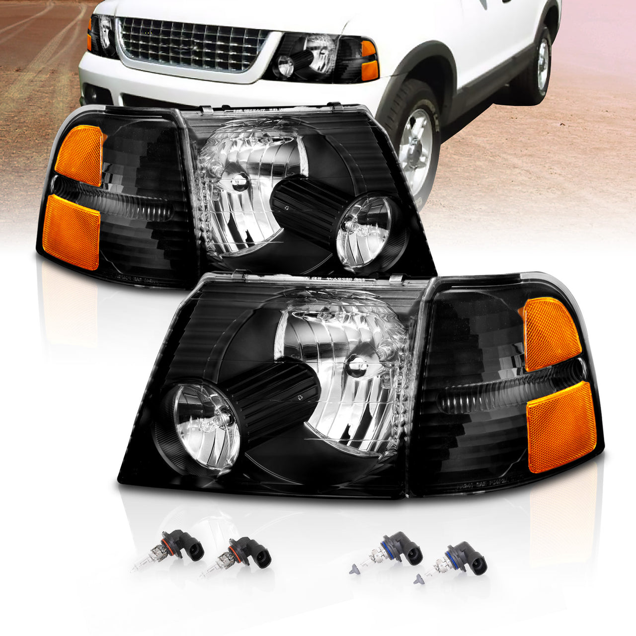 FORD EXPLORER 02-05 HEADLIGHTS BLACK W/ CORNER LIGHTS AMBER