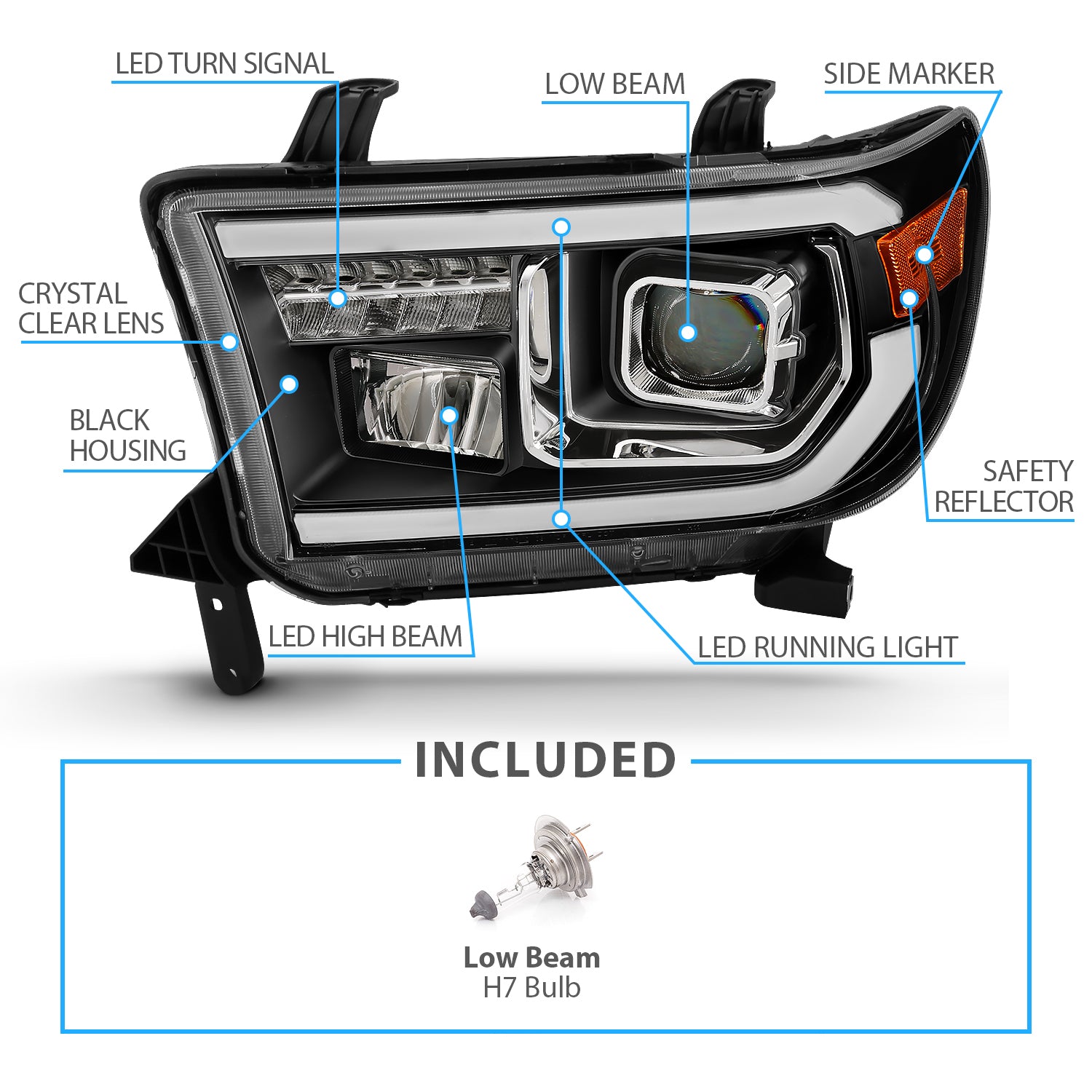 TOYOTA TUNDRA 07-13/SEQUOIA 08-17 PROJECTOR LIGHT BAR STYLE HEADLIGHTS BLACK AMBER (LED HIGH BEAM) (BULB VERSION)