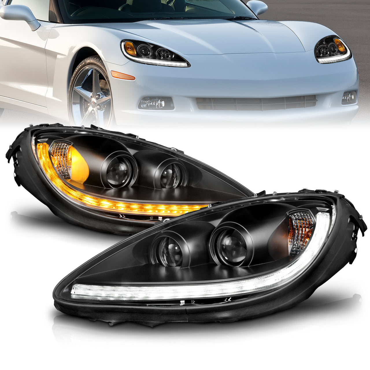 CHEVY CORVETTE 05-13 PROJECTOR SEQUENTIAL LIGHT BAR HEADLIGHTS BLACK AMBER(W/ DRL)(W/O HID KITS)