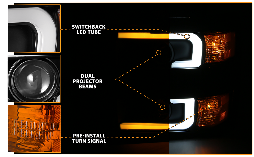 CHEVY SILVERADO 2500HD3500HD 15-17 PROJECTOR LIGHT BAR STYLE SWITCHBACK HEADLIGHTS BLACK AMBER (BLACK RIM)