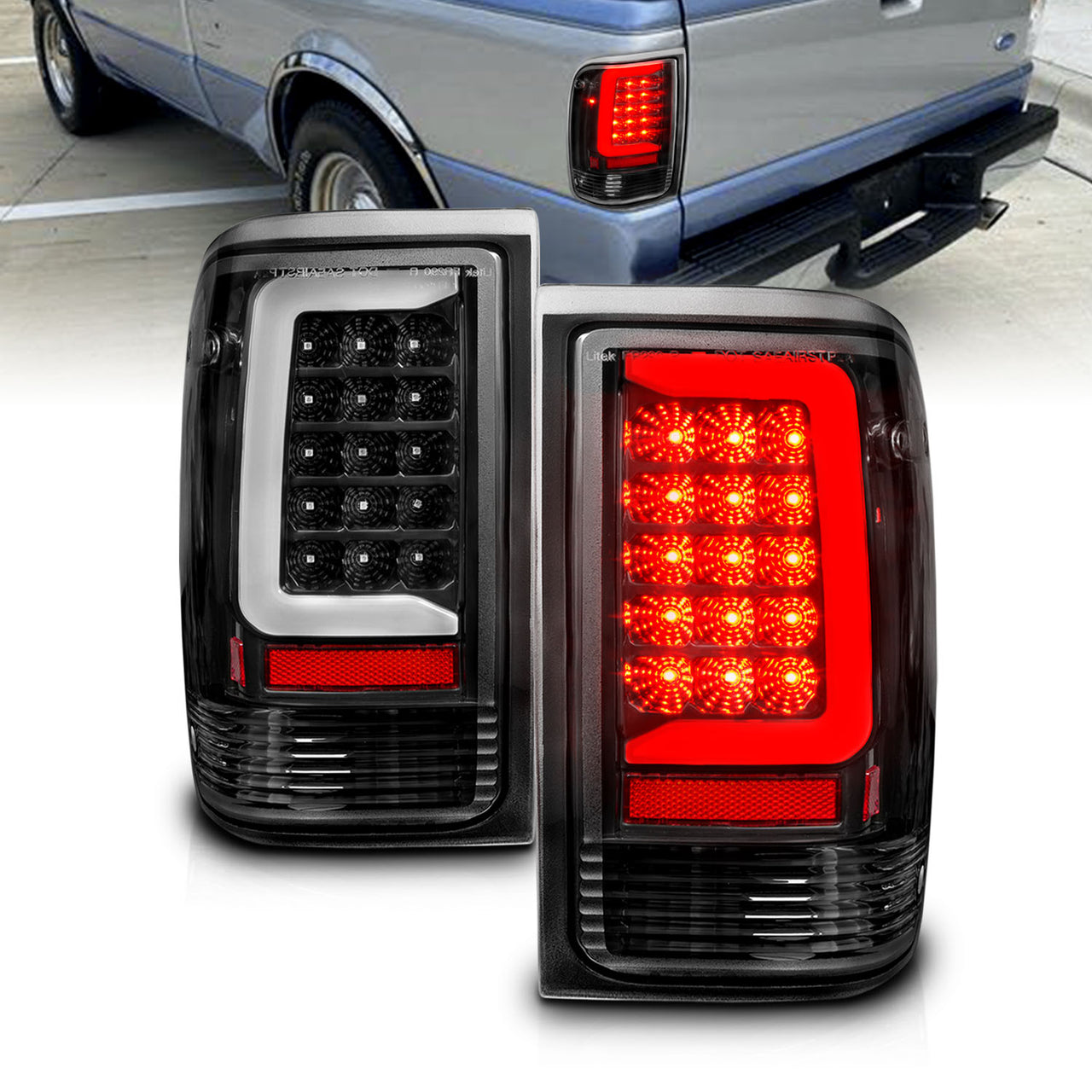 FORD RANGER 93-97 LED TAIL LIGHTS BLACK HOUSING CLEAR LENS (W/ C LIGHT BAR)