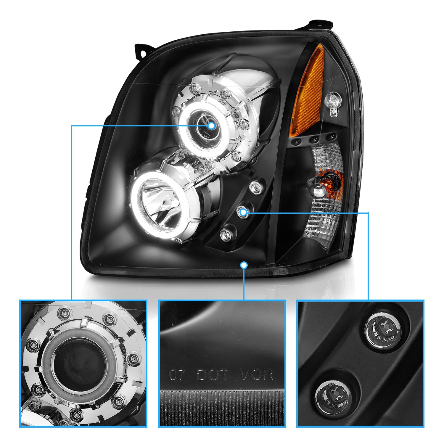 GMC YUKON/YUKON XL/DENALI/XL DENAL 07-10 PRO HEADLIGHTS HALO BLACK AMBER (RX HALO) (W/ ARTIFICIAL LED)