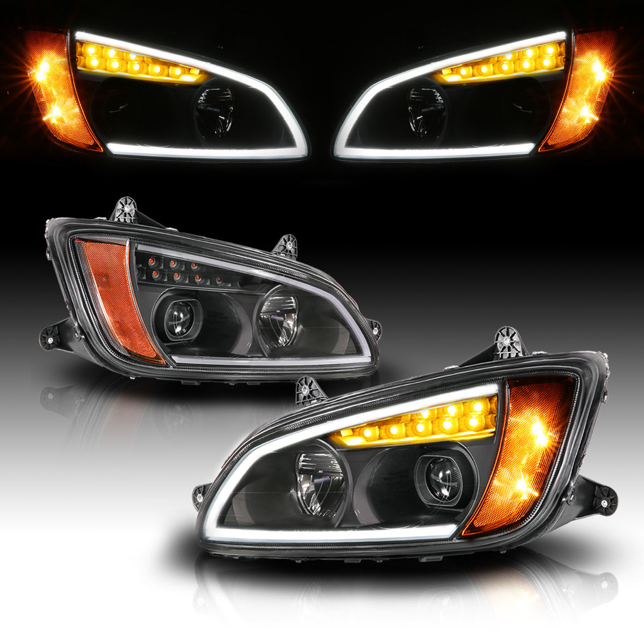 KENWORTH T-660 08-17 FULL LED PROJECTOR PLANK STYLE H.L BLACK AMBER REFLECTOR
