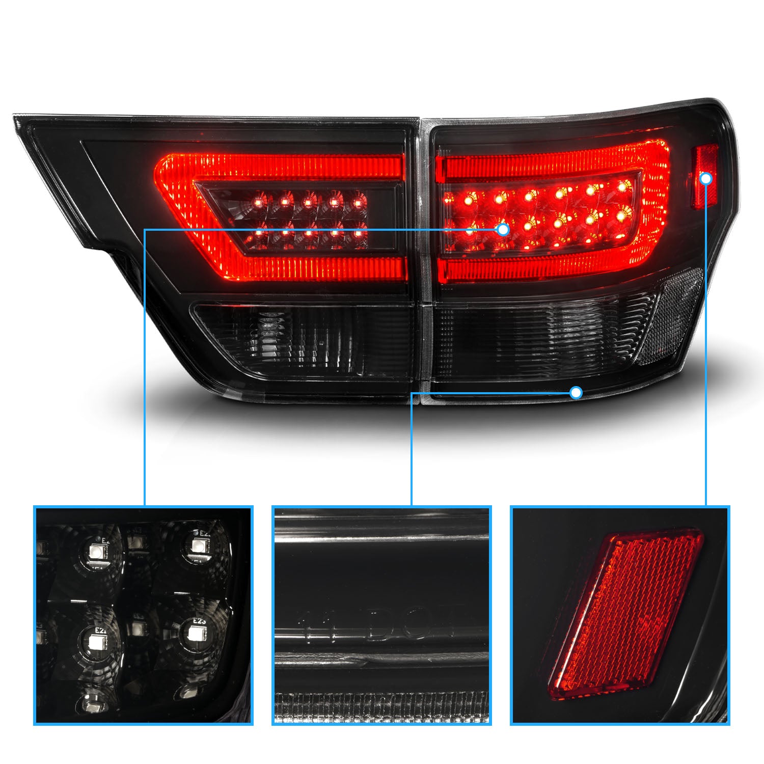 JEEP GRAND CHEROKEE 11-13 LED TAIL LIGHTS 4PCS BLACK HOUSING SMOKE LENS W/ C LIGHT BAR