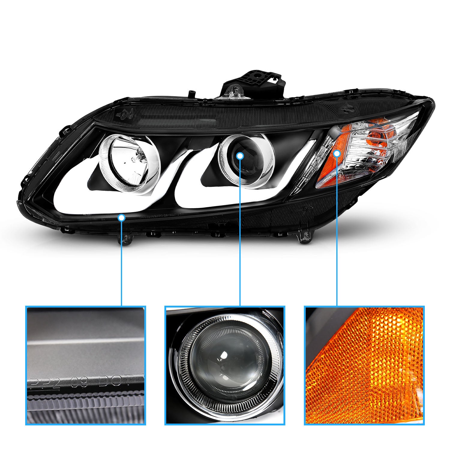 HONDA CIVIC 12-13 2/4DR PROJECTOR U-BAR STYLE HEADLIGHTS BLACK CLEAR AMBER