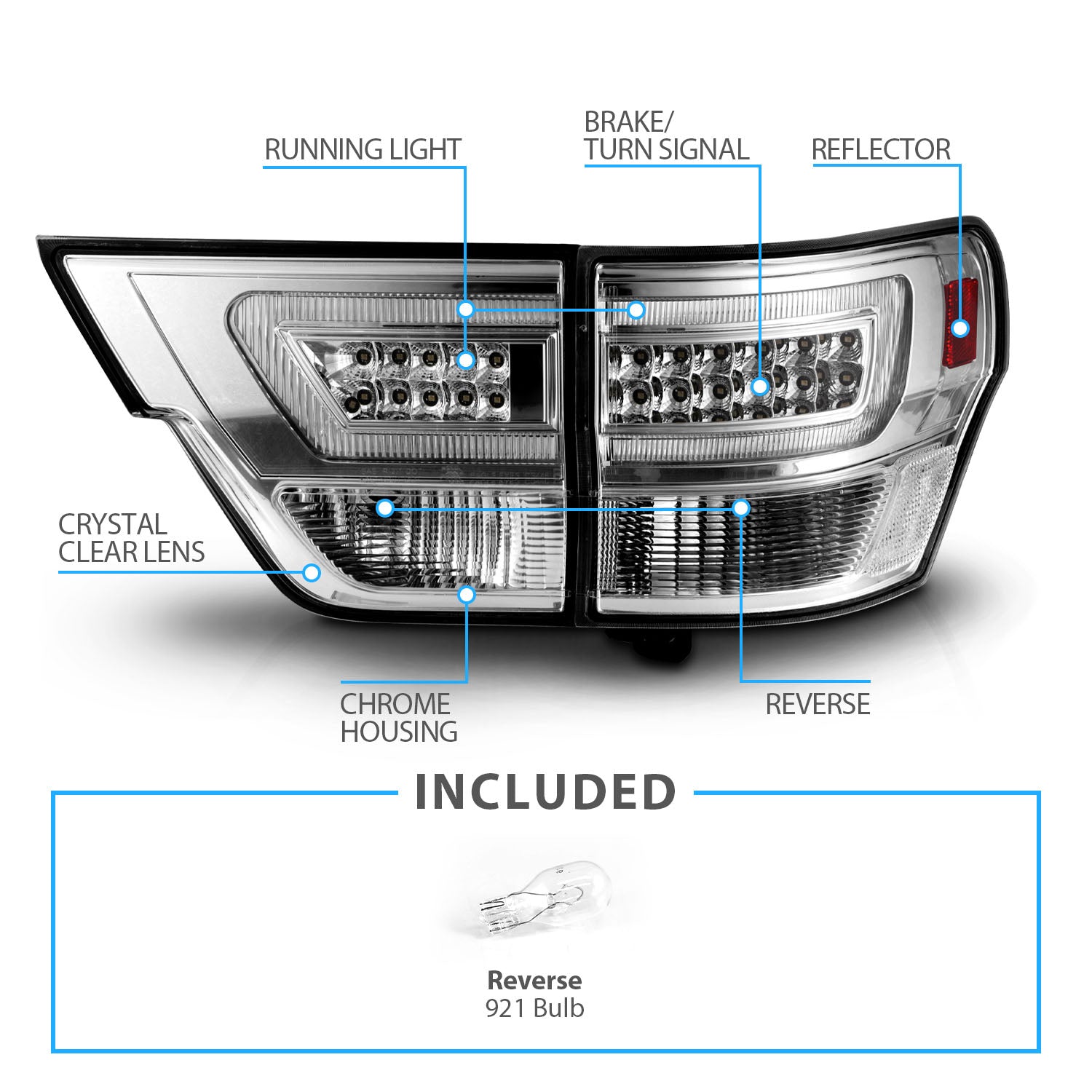 JEEP GRAND CHEROKEE 11-13 LED TAIL LIGHTS 4PCS CHROME HOUSING CLEAR LENS W/ C LIGHT BAR