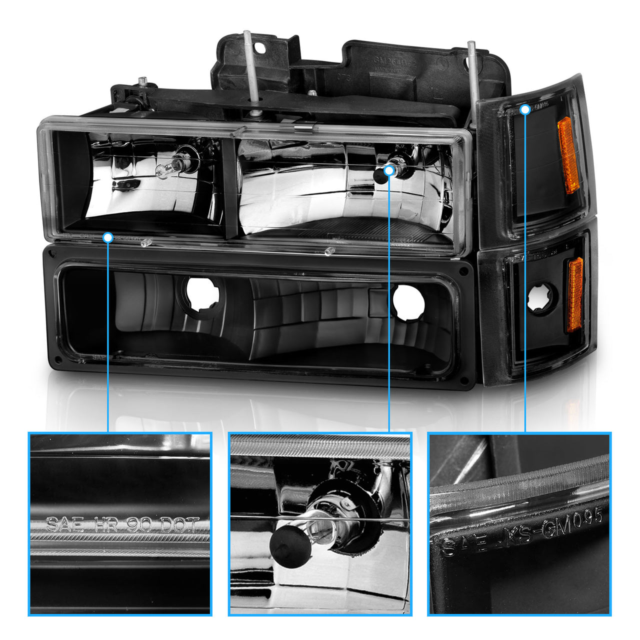 CHEVY CK / C10 /SILVERADO/ TAHOE / SUBURBAN/BLAZER 94-98 CRYSTAL HEADLIGHTS BLACK W/ SIGNAL & SIDE MARKERS AMBER (8PCS)