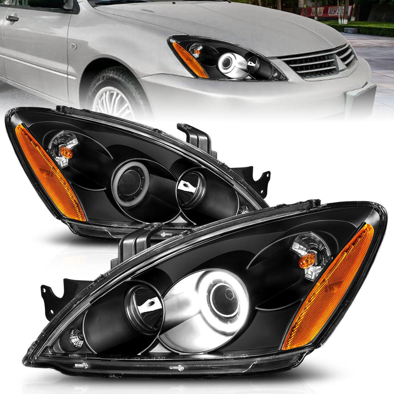 MITSUBISHI LANCER 04-06 PROJECTOR HEADLIGHTS HALO BLACK CLEAR AMBER (RX HALO)