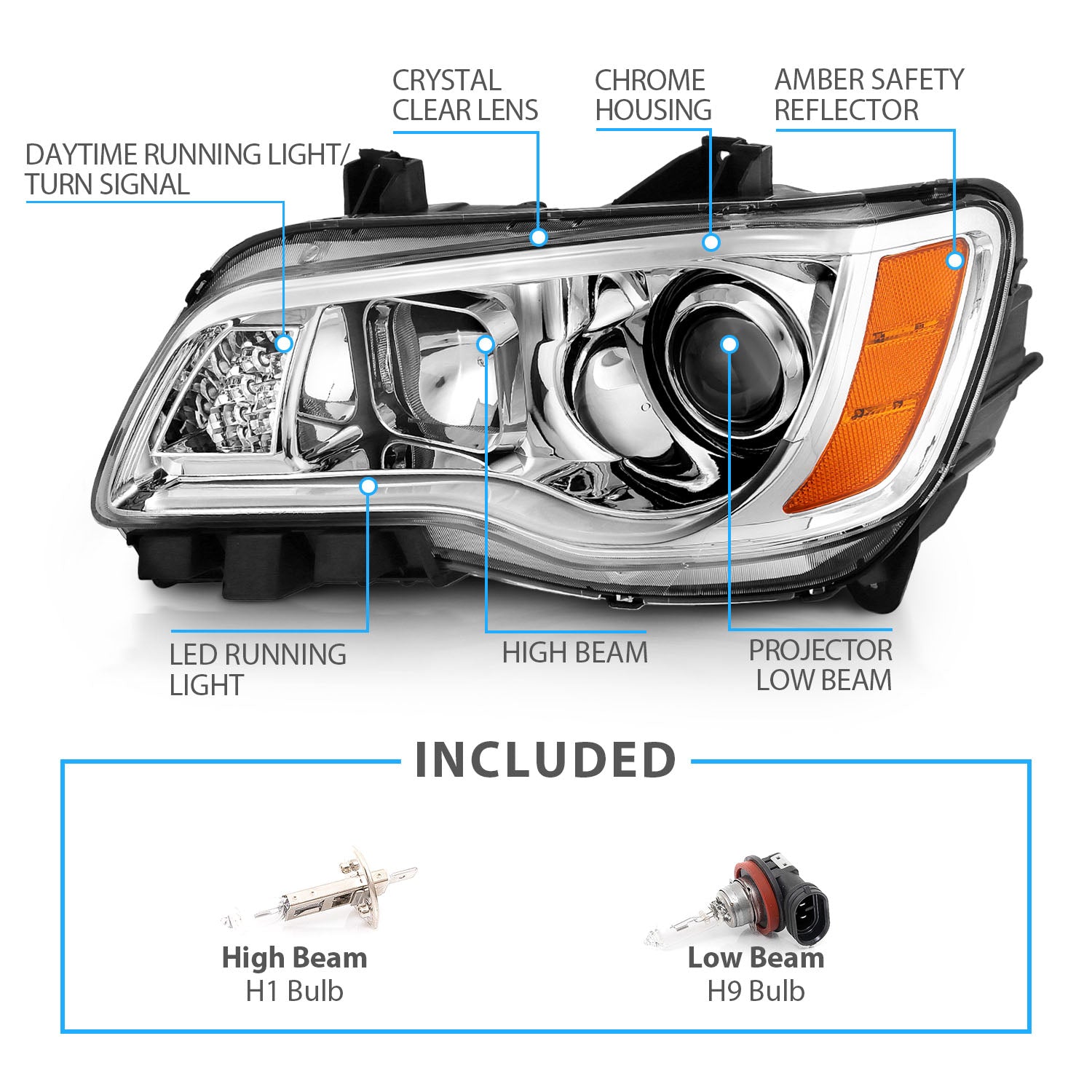 CHRYSLER 300 11-UP PROJECTOR LIGHT BAR STYLE HEADLIGHTS CHROME CLEAR G2 AMBER