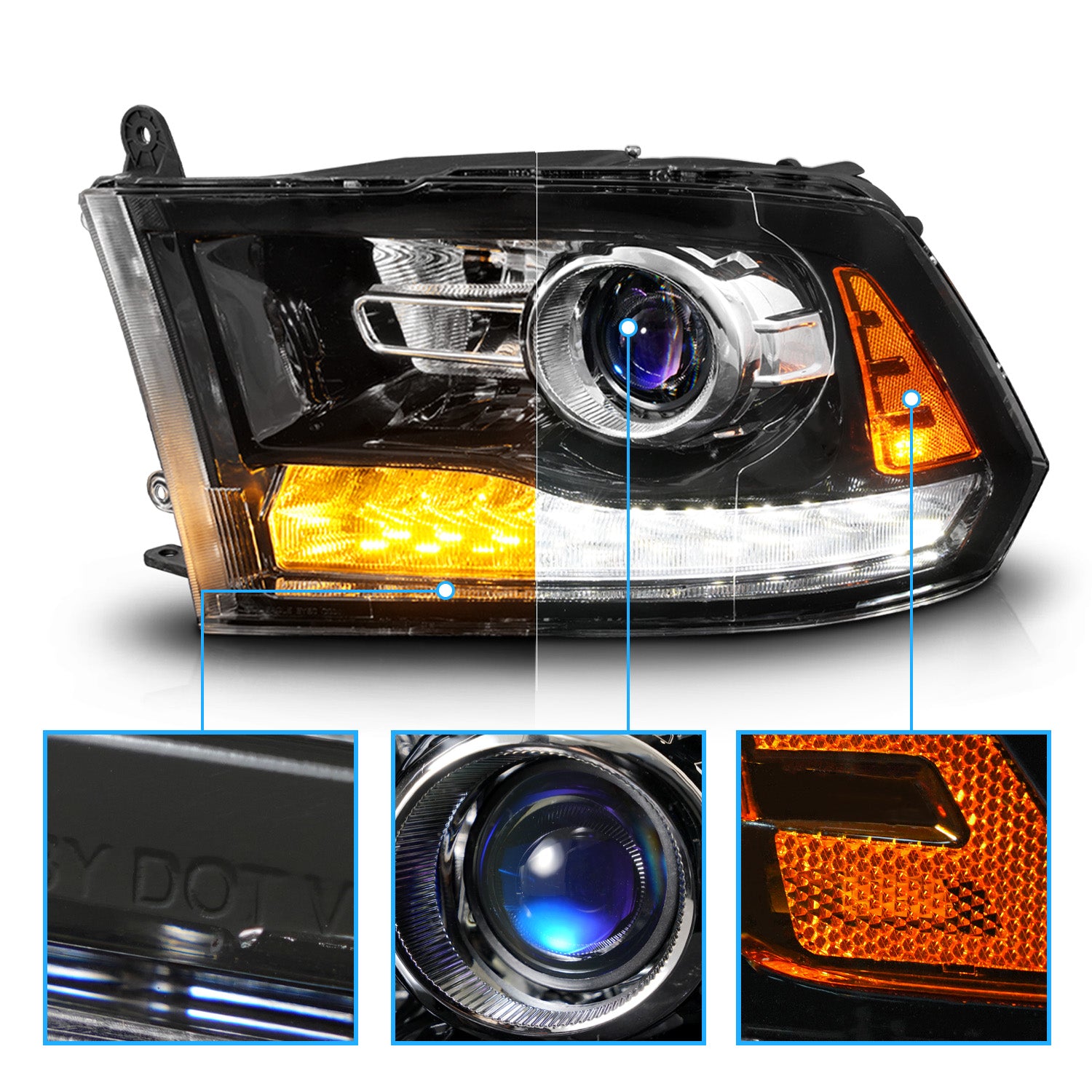 DODGE RAM 1500 09-19(09-12, W/O QUAD),  2500/3500 10-18 PROJECTOR HEADLIGHTS LIGHT BLACK HOUSING CLEAR LENS SEQUENTIAL LIGHT BAR
