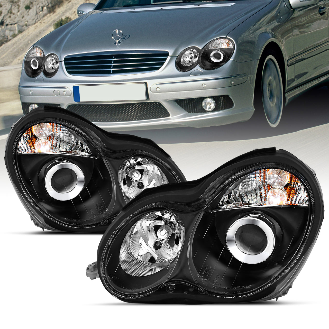 MBZ C CLASS W203 00-07 PROJECTOR HEADLIGHTS BLACK CLEAR