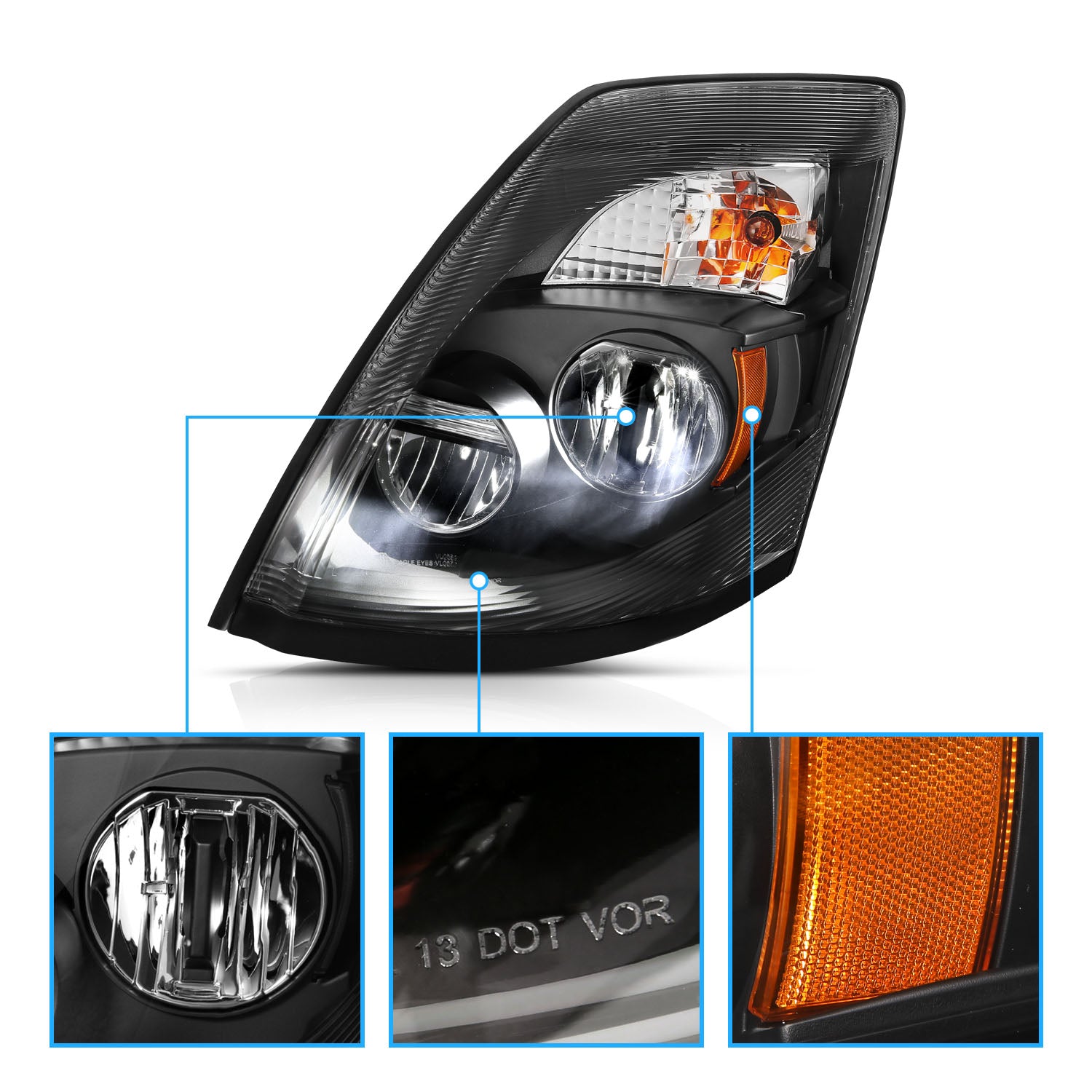 VOLVO VNX/VLN  15-16  LED H.L BLACK AMBER  (LEFT) (VNX 300,430, 630/VNL 300,430,630,670,730,780)