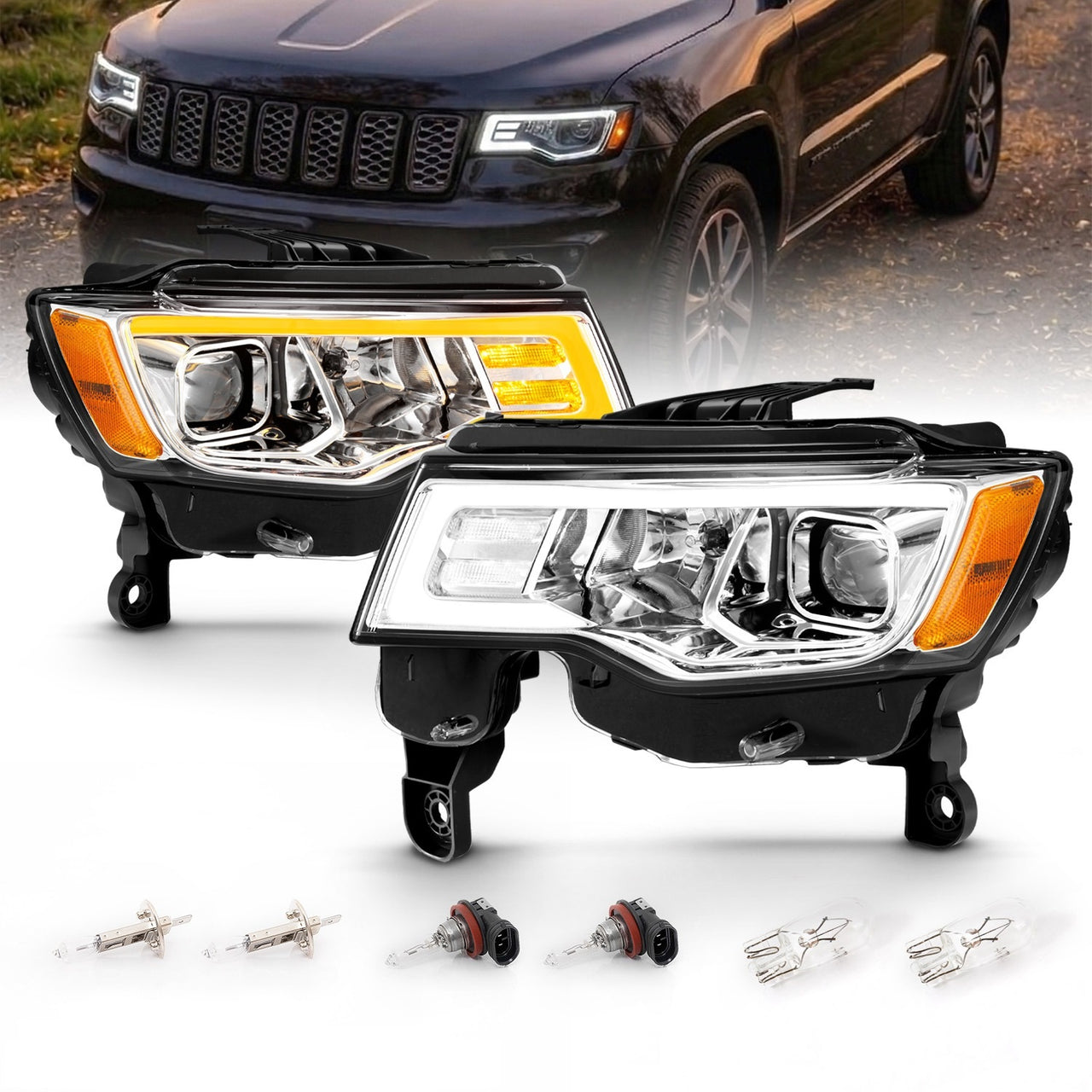 JEEP GRAND CHEROKEE 17-18 HEADLIGHTS PROJECTOR LIGHT BAR STYLE SWITCHBACK HEADLIGHTS CHROME AMBER
