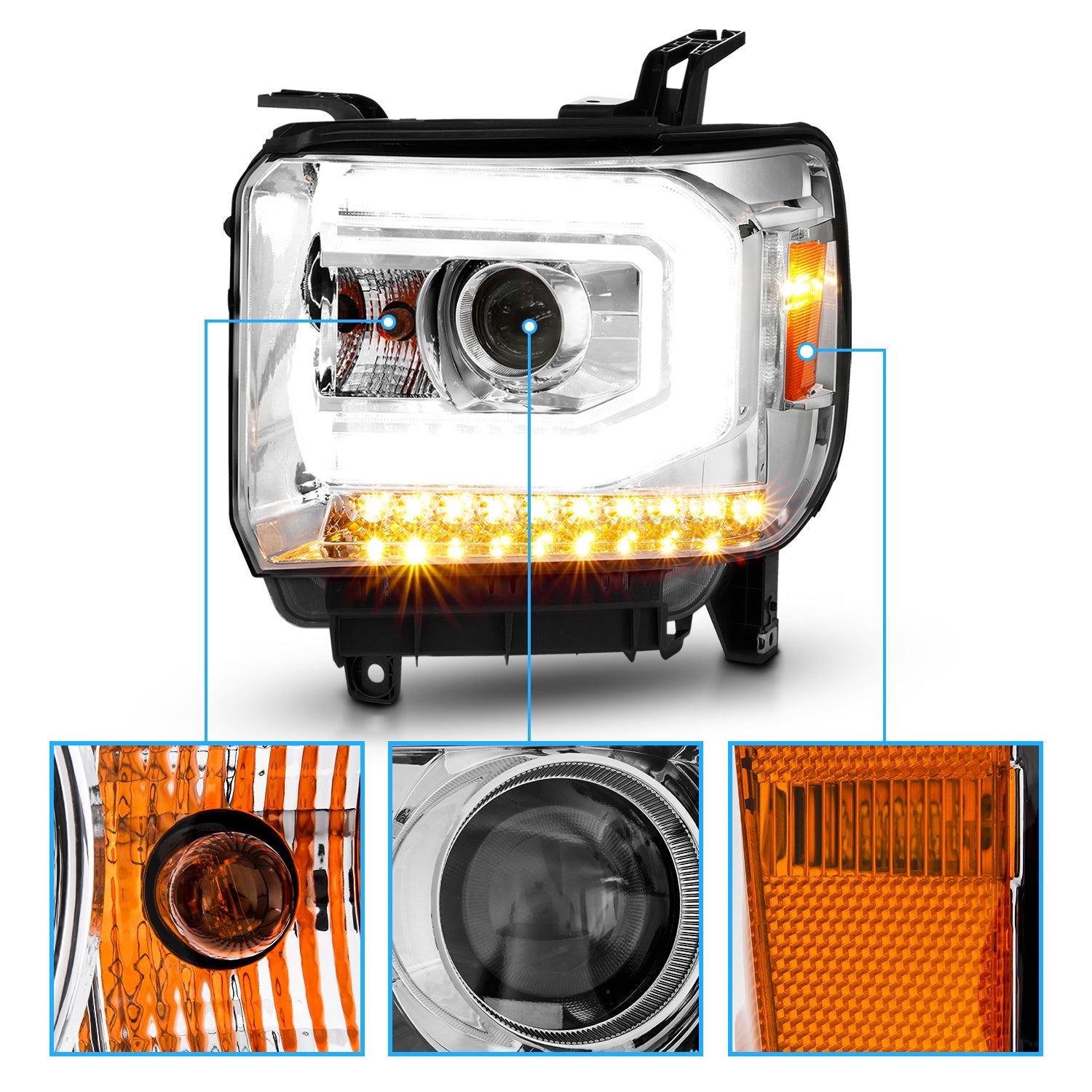 GMC SIERRA 1500 14-15/ 2500HD/3500HD 15-19 PROJECTOR嚙?HEADLIGHTS LIGHT BAR CHROME嚙?HALOGEN TYPE MODEL W/ FACTORY DRL)