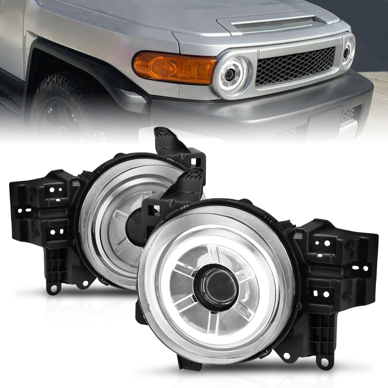 TOYOTA FJ CRUISER 07-14 PROJECTOR HEADLIGHTS CHROME CLEAR (RX HALO)