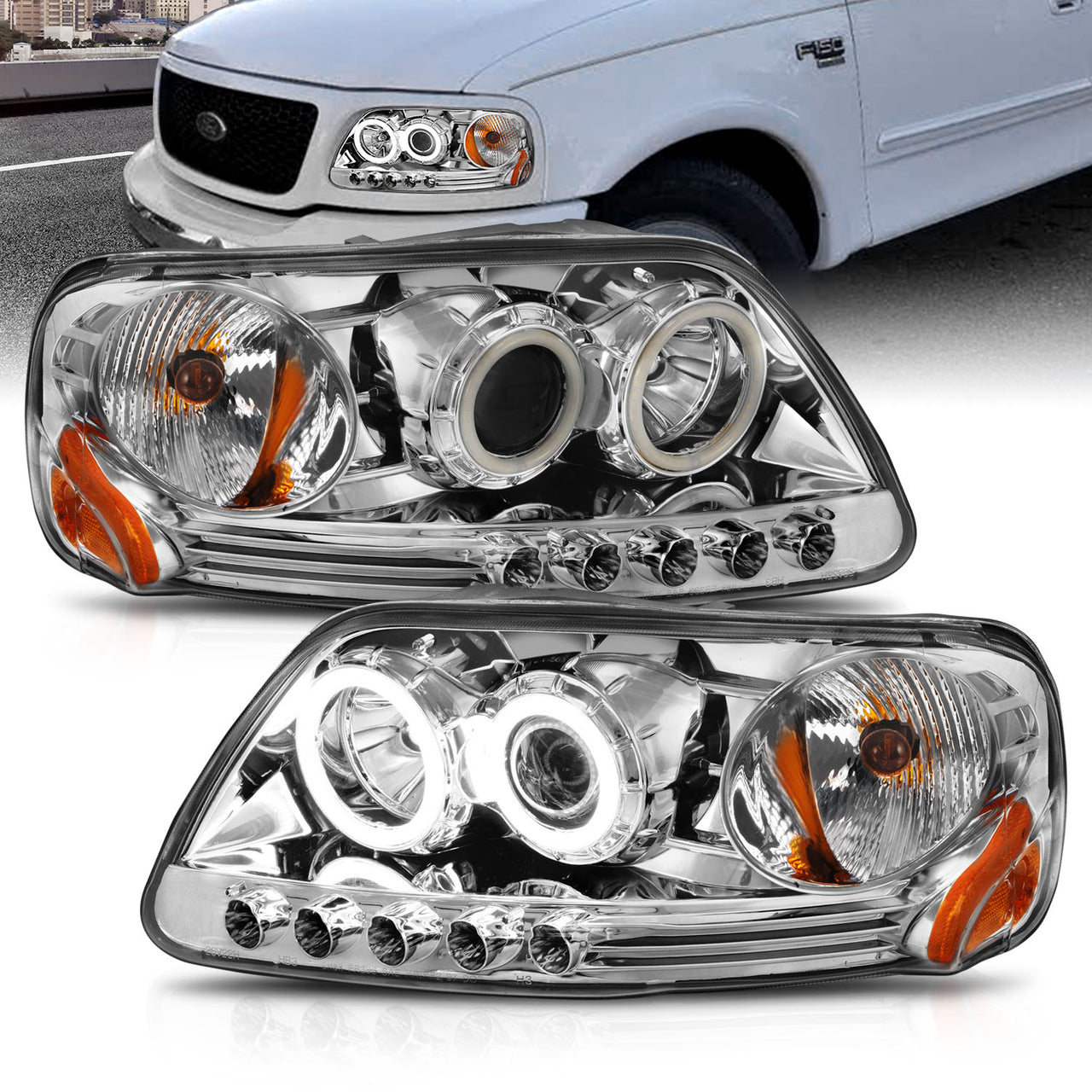 FORD F-150 97-04 (01-04: XL/XLT/LARIAT MODEL: W/O STX OR HERITAGE EDITION) PROJECTOR HEADLIGHTS HALO LED CHROME CLEAR AMBER (RX HALO)