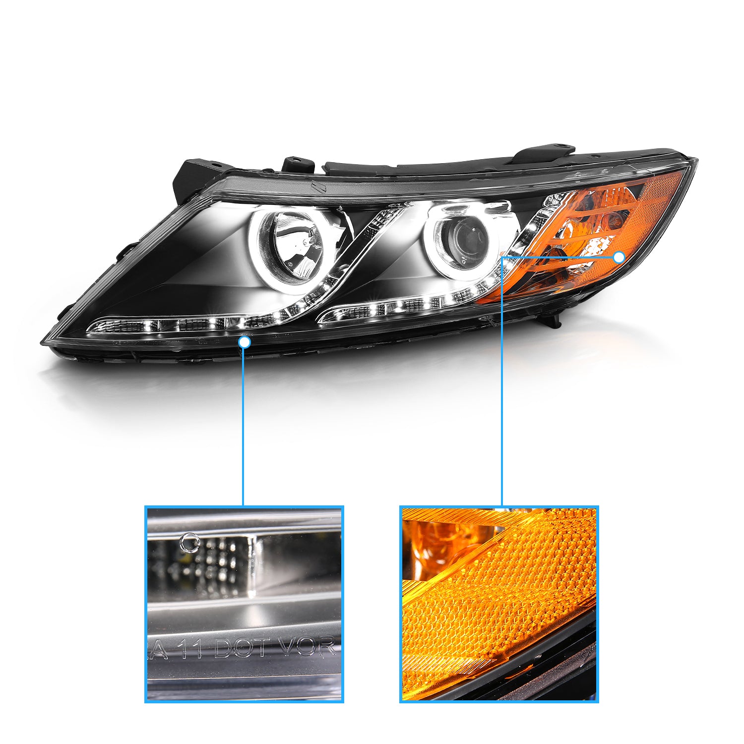 KIA OPTIMA 11-15 PROJECTOR HEADLIGHTS HALO BLACK CLEAR AMBER (RX HALO)