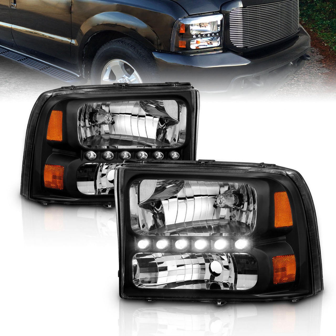 FORD EXCURSION 00-04/SUPER DUTY 99-04 HEADLIGHTS BLACK 1PC AMBER (W/ LED)