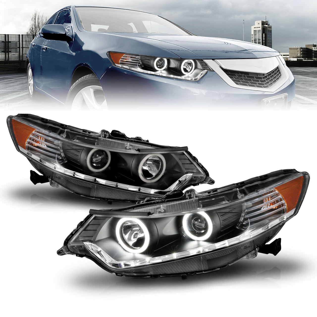 ACURA TSX 09-10 PROJECTOR HEADLIGHTS HALO BLACK CLEAR AMBER (OEM HID COMPATIBLE) (RX HALO)