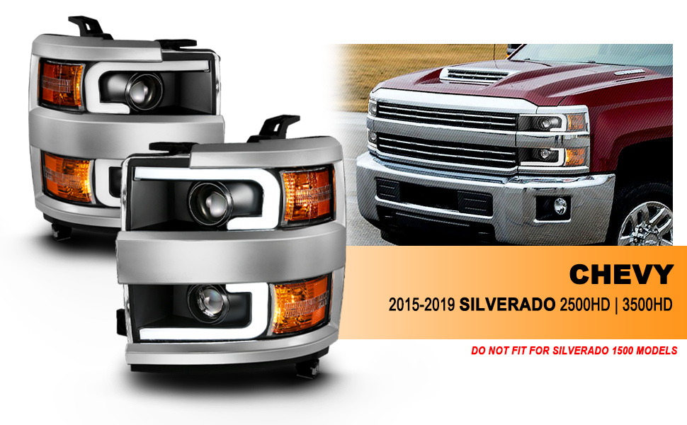 CHEVY SILVERADO 2500HD/3500HD 15-17 PROJECTOR LIGHT BAR STYLE HEADLIGHTS BLACK AMBER (CHROME RIM)