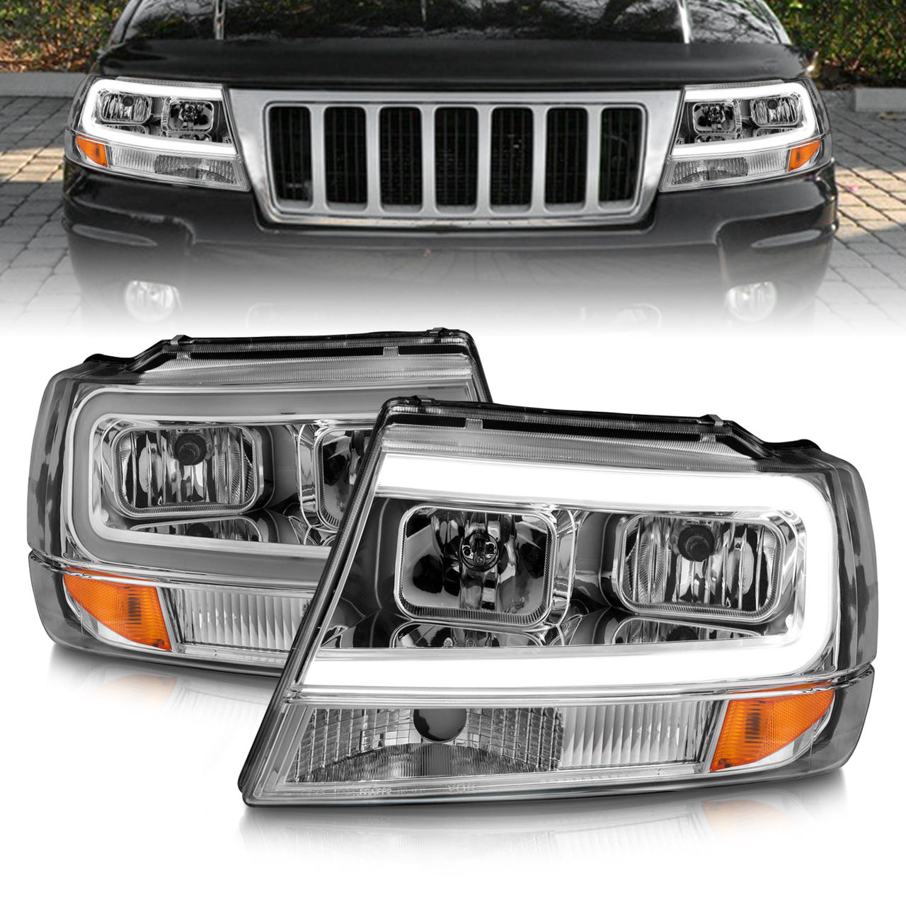 JEEP GRAND CHEROKEE 99-04 HEADLIGHTS CHROME AMBER (W/ C LIGHT BAR)