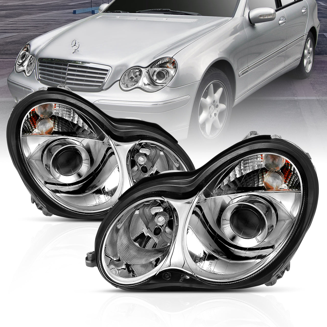 MBZ C CLASS W203 00-07 PROJECTOR HEADLIGHTS CHROME CLEAR