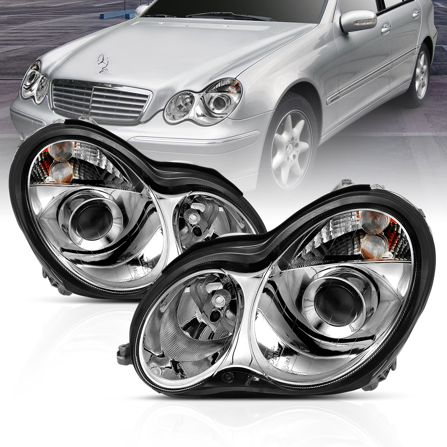 MBZ C CLASS W203 00-07 PROJECTOR HEADLIGHTS CHROME CLEAR
